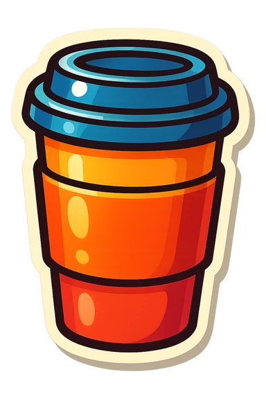 vector-style drawing of a takeaway coffee cup with a sleeve and lid, retro sticker style, bold outlines, glossy highlights, bright, smooth, playful sticker
