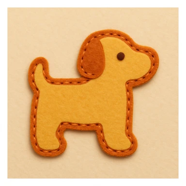 Minimal felt appliqué dog icon, low-detail, smooth rounded edges, moderate contrast orange stitched border, soft matte felt texture, warm brown and yellow palette, small dot eyes, no mouth, flat angle, soft beige background sticker