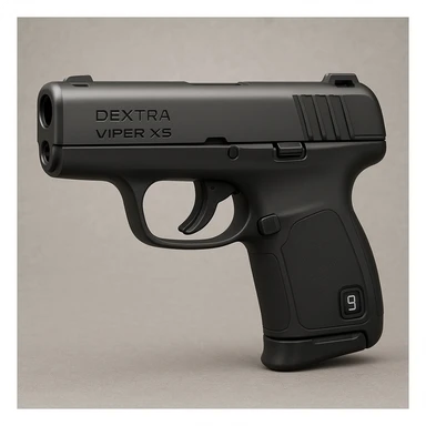 realistic, compact semi-automatic handgun called the Dextra Viper X5, designed for deep concealment and rapid draw, smooth rounded exterior, monolithic matte graphite slide with subtle top serrations, flush-fit ported barrel, polymer-composite frame with curved ergonomic grip and soft overmold panels, no front rail, optic-ready slide cut, recessed digital ammo counter on rear grip, lightweight, minimalist, snag-free design sticker