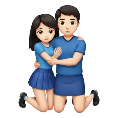 man with dark hair on knees, facing dark haired woman in a micro mini skirt, hugging her waist sticker