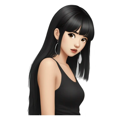 Korean girl, black tank top, black hair, black eyes, layered hair, cool girl, aesthetic, long hair, hime cut, blunt bangs, small silver hoop earrings sticker