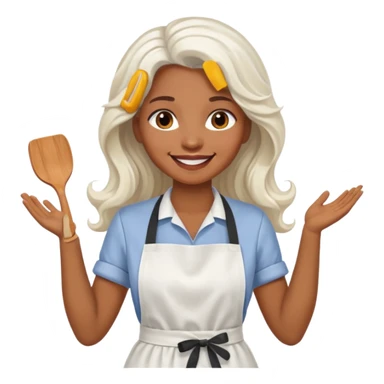 woman, brown skin, white long wavy hair, with apron sticker