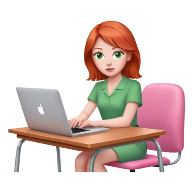 Red head green eyed  sat at desk with pink MacBook on pink chair sticker