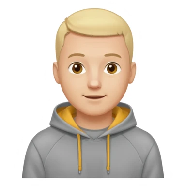 man in his 30s, buzz cut blonde hair, wearing a hoodie, cheerful expression emoji sticker