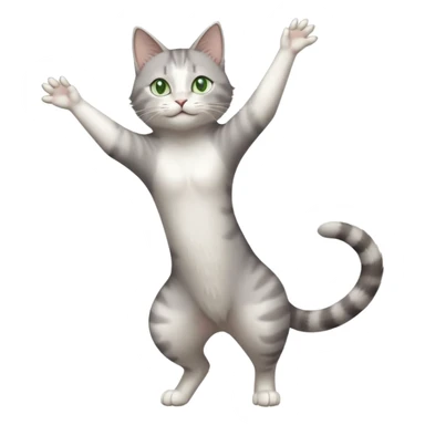 grey and white cat with green eyes doing a big long stretch reaching up into the air with arms and legs side by side together sticker