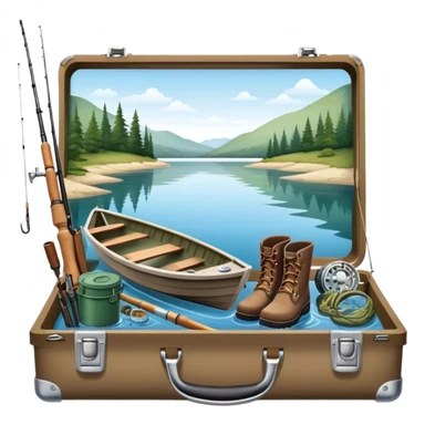 Icon for Fishing: a boat on the shore of a peaceful water body with a beautiful natural landscape, a fishing tackle box, a spinning rod, and boots nearby. The icon should capture the tranquility and gear of a fishing adventure. Transparent background. sticker