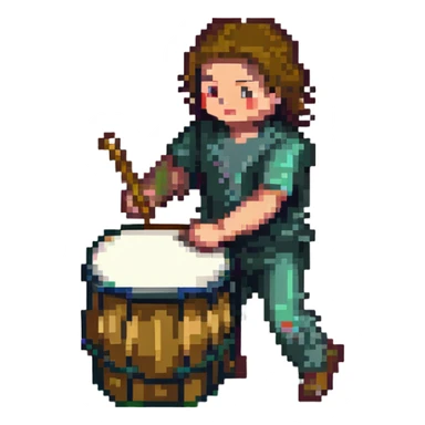 a person beating a drum for sahur in pixel art style sticker