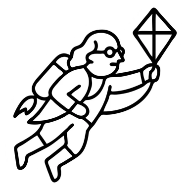 Ben Franklin flying with jetpack, left hand holding diamond kite, right arm reaching forward, clean modern black outline, startup logo sticker