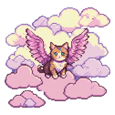 a cat with wings flying in pink clouds, pixel art style sticker