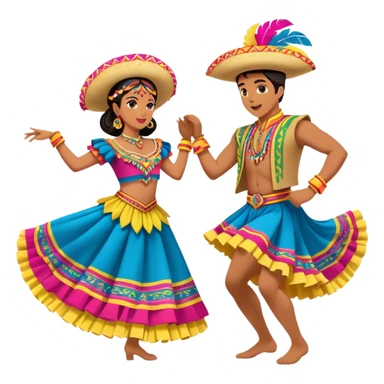 Cinematic Realistic scene of two dancers performing Cumbia, adorned in colorful traditional Colombian costumes with intricate details, captured in rhythmic motion with lively, festive lighting sticker