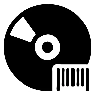 A CD disc in a black filled icon style, with a barcode. sticker