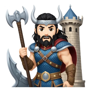 vikingo con armadura de Asgard, pelo negro ondulado, de pie, grito de guerra en torre de Asgard. sticker