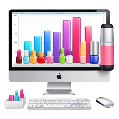iMac computer with bar charts and beauty products like lipstick, nail polish, cream jars on the screen sticker