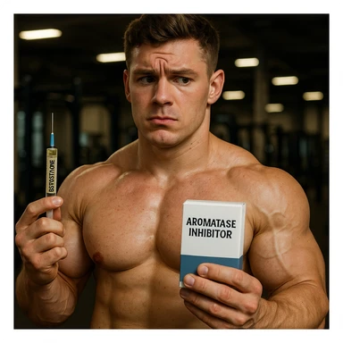 realistic young athlete with swollen muscles but marked skin holding syringe of testosterone and box of aromatase inhibitor, doubtful look, gym background, 4K quality sticker