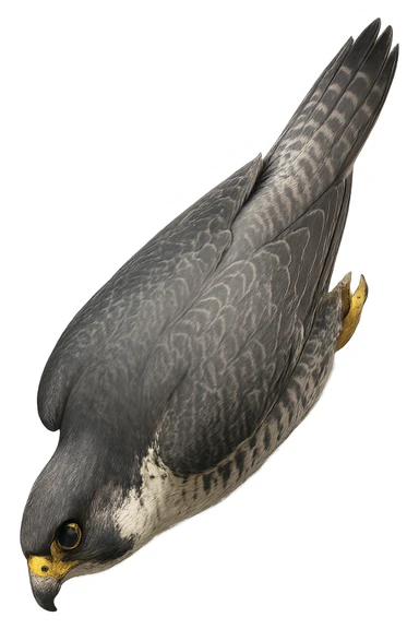 A realistic falcon in a downward spiral, wings tucked, sense of speed, no background sticker