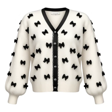 white cashmere cardigan with 8 tiny black lace bows all over front and sleeves, realistic 3d isolated, soft texture sticker
