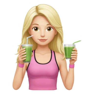 long haired blonde pilates instructor in pink drinking matcha in cute set sticker