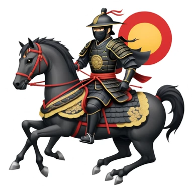 clash-of-clans-aesthetic_-cinematic-fearsome-and-majestic-samurai-bust-portrait-emoji, rendered in a flat, vector-style with minimal shading and bold, simplified shapes typical of emoji art, depicting a battle-hardened samurai with black mask and traditional black Japanese armor. The samurai is riding a noble grey warhorse adorned with an intricately designed saddle and fluttering banners and a rising sun. a zoomed in samurai riding on a  horse sticker