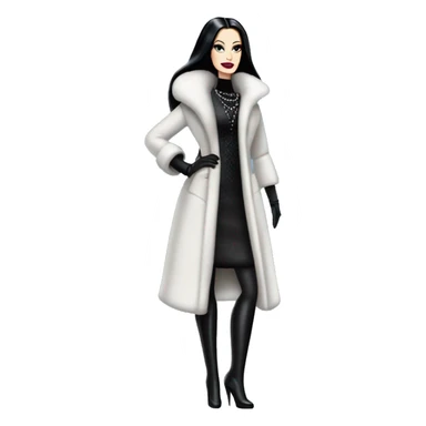 Dazzling Winter Barbie Morticia Addams .  Wearing coat gloves boots  sticker