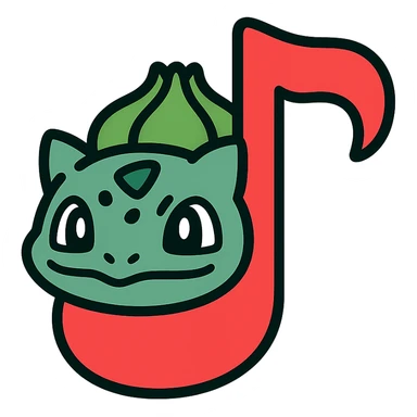 Bulbasaur inspired red music note app icon, simple modern style, red color, music note with Bulbasaur features, app icon style sticker