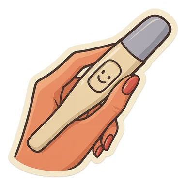 A pregnancy test held in a neat feminine hand with manicure and a smile on the test, in retro stickers style, featuring soft rounded shapes, expressive contours, vintage color palette, light paper texture, shadows and highlights, transparent background. sticker