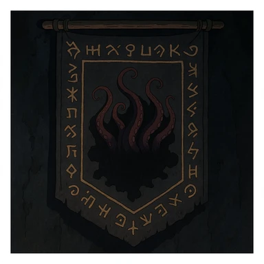 creepy banner, eldritch tentacles emerging from shadows, ancient runes, cosmic horror style sticker