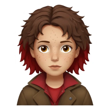 Hobo tomboy with light skin, freckles, dark brown shoulder-length hair in a messy style, brown eyes, dark brown coat, dull red shirt. sticker