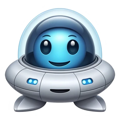 Design a simple, friendly spaceship with a smooth, rounded shape. Add a clear 'face' on the front using glowing lights for eyes and a curved line for a smile, giving it personality. Use a plain background to keep the focus on the ship sticker