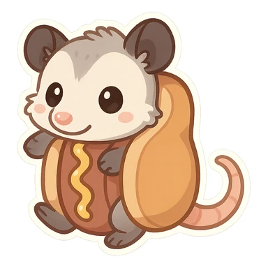 cute cartoon possum dressed up like a hot dog, sticker style, transparent background sticker