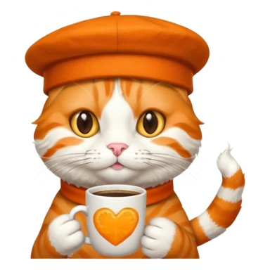 Orange cat, wear beret hat, holding coffee mug sticker