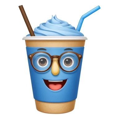 drink in a paper cup and straw, the cup has eyes and mouth and glassess sticker