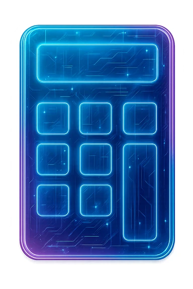 Transform the Windows Calculator icon into a cyberpunk, holographic style with glowing neon blue and pink edges, circuit patterns throughout the entire icon, and a transparent background. Maintain the recognizable calculator shape and buttons, overlaying neon and circuit effects in a consistent futuristic, clean cyberpunk glow style with intricate circuit details. sticker