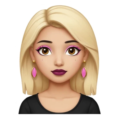 Sweet Indian girl blonde hair darkbrow eyes brown lipstick, pink blush, black top gold earrings, brown eyebrows gold eyeshadow  sticker