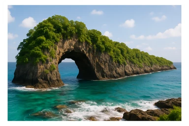 Make the island longer, then add a large hole or arch through it, keeping the original style of the image. sticker