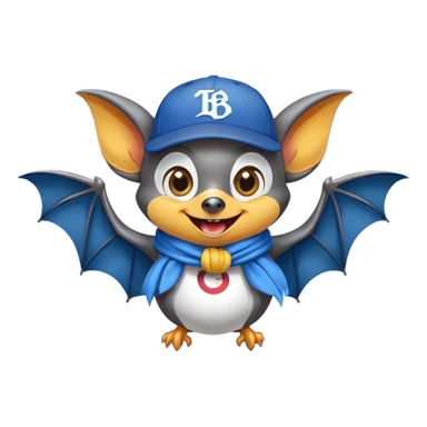 Friendly flying fox bat mascot with cheerful mischievous expression, large spread wings, big expressive eyes with playful glint, smiling mouth showing small fangs, wearing yellow and blue scarf wrapped around neck, blue baseball cap tilted to one side, dark grey body with white highlights, circular composition sticker
