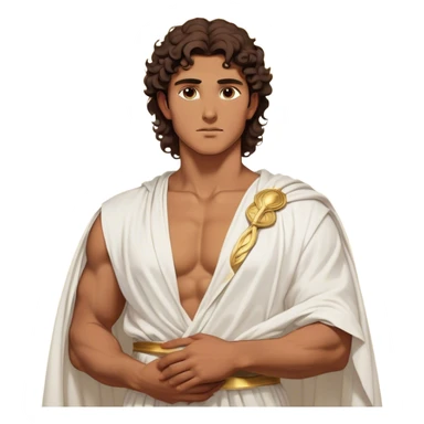 Cinematic Realistic Hercules Portrait, depicted as a classical Greek hero inspired by the Disney version yet echoing the refined proportions and serene dignity of Michelangelo's David. His idealized, sun-kissed tan skin glows with timeless strength, and his thick, curly wavy dark brownhair falls in natural, sculpted curls. Draped in a flowing white robe with delicate golden accents, his expressive eyes radiate determined nobility, all rendered under dynamic natural lighting with a mythic, radiant glow. sticker