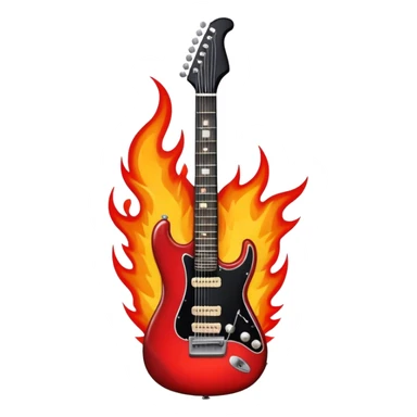 Create a bold and powerful emoji representing rock vocal performance in a humanless collage. The design should feature a vintage microphone at the center, surrounded by a heavy, aggressive hardcore electric guitar with sharp, jagged edges. Include crossed drumsticks behind the guitar, symbolizing the intense rhythm of rock music. Add fiery elements like flames or lightning bolts to enhance the raw energy of the design. Use dark, bold colors like black, red, and silver, with metallic or chrome accents to reflect the rebellious, hard-hitting nature of rock. The background should be transparent. sticker