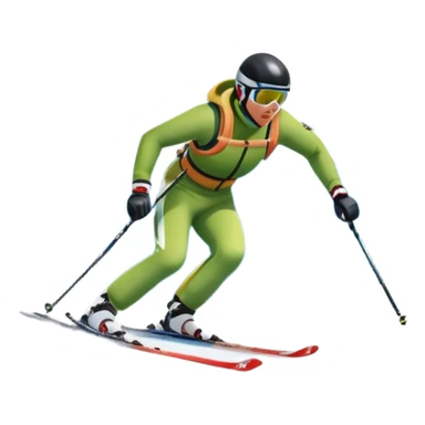 An icon featuring snowy peaks, pine trees, and a picturesque mountain landscape with a skier racing down a snow-covered slope, The sky is blue with soft clouds, capturing the thrill and beauty of alpine skiing. Transparent background highlights the excitement and serenity of winter sports. sticker