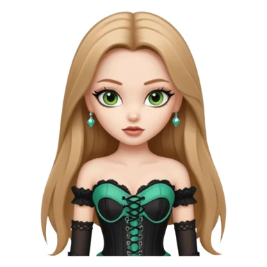 pretty bratz girl, long straight LIGHT BROWN HAIR, jade green eyes, black eyeliner, pale skin, black corset clothes with laces sticker