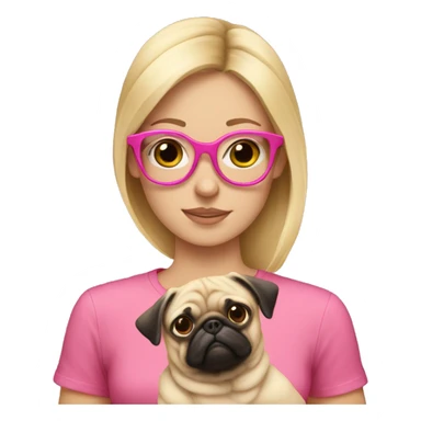 Blond girl with pink glasses wearing  a pink shirt holding a pug  sticker
