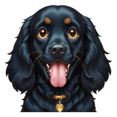 Cinematic Comical Black Cocker Spaniel Portrait Emoji, Head tilted dramatically with an exaggeratedly amused expression, featuring a shiny black coat with noticeable tan accents, wide, expressive dark eyes filled with playful disbelief, Simplified yet hilariously expressive features, highly detailed, glowing with a slightly sassy glow, high shine, dramatic yet playful, stylized with an air of cheeky mischief, bright and endearing, soft glowing outline, capturing the essence of a spirited and over-the-top companion, so meme-worthy it feels like it could side-eye its way into internet fame instantly! sticker