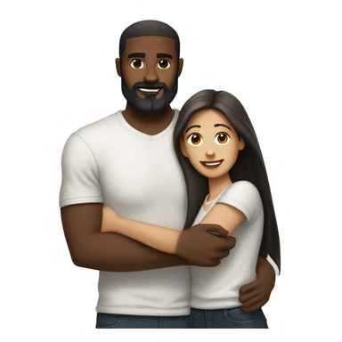 light skin woman with very long straight brown hair hugging black man with very short dark hair and a long dark beard wearing a white tshirt sticker