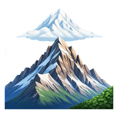 Cinematic Realistic Mountain Emoji, Majestic and towering, with craggy, snow-capped peaks rising sharply against a deep blue sky. The rugged terrain is dotted with rocky outcrops and patches of greenery, with clouds swirling around the higher reaches. Soft glowing outline, capturing the essence of ancient strength and natural beauty in a towering mountain! sticker