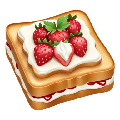 square toast topped with fluffy white cream, decorated with a strawberry bow made from two strawberry center, bright red and glossy sticker