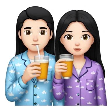 2 friends at a bed wear pajama drinking 1 white boy black hair 1 white girl black long hair sticker