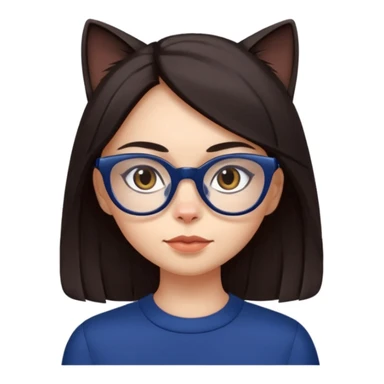Female. Straight long hair and dark brown eyes and hair with cat eye glasses and dark blue out fit sticker