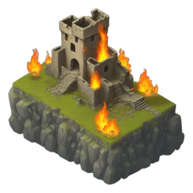Isometric ruins of a burning castle beside the coast sticker