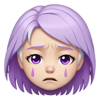 Chibi Sable Ward crying, teary eyes, pouty mouth, tears falling, white hair with purple streaks, fully purple eyes, sad expression sticker