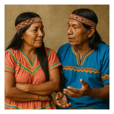 A Costa Rican indigenous couple dialoguing, showing typical features and traditional clothing of Costa Rica's native peoples. sticker