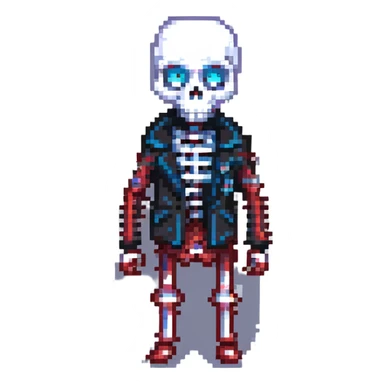 Error Sans, a skeleton character with a glitchy, corrupted appearance, blue and red eye, wearing a black jacket, inspired by Undertale, pixel art style sticker
